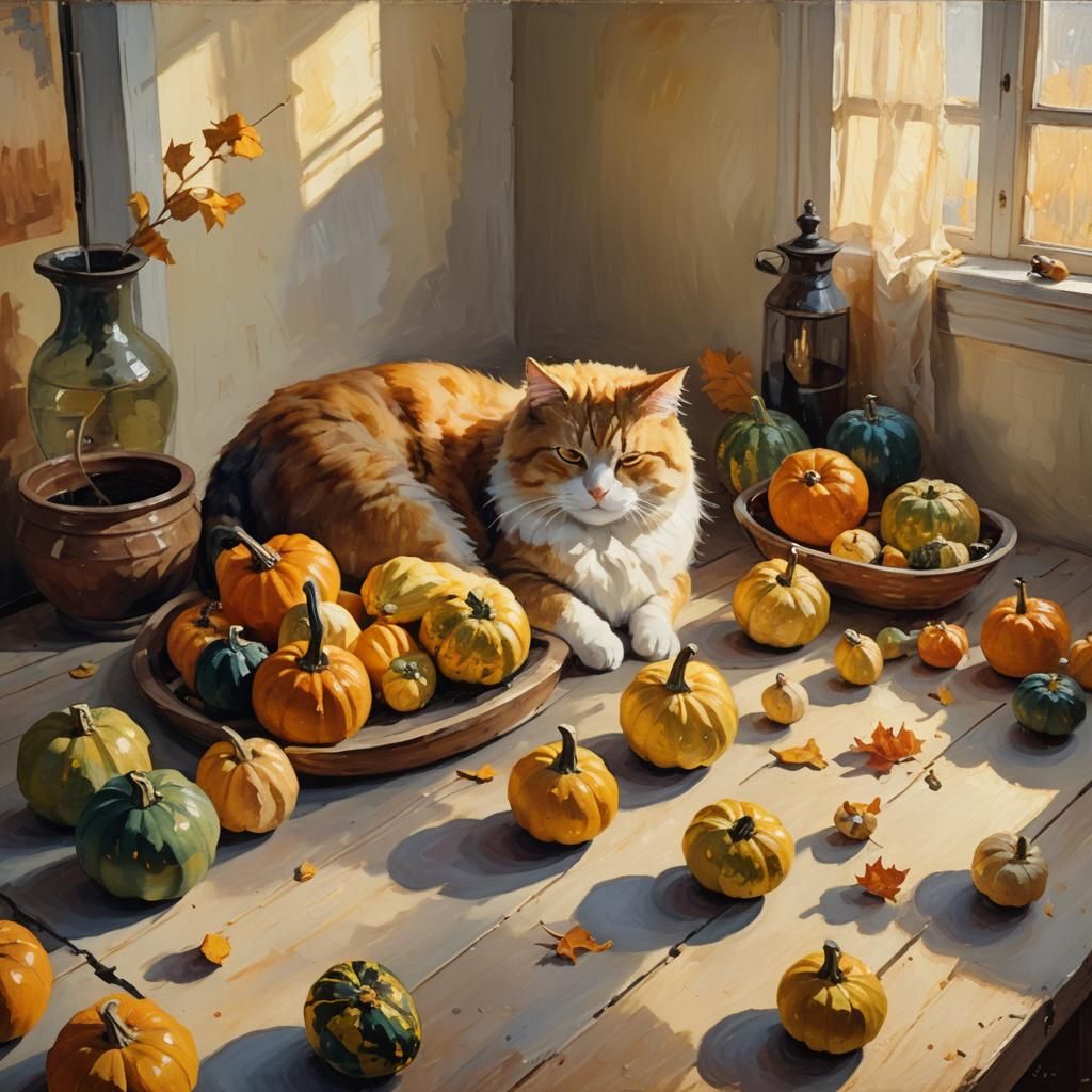 Cozy Autumn Tablescapes in Warm Oil Painting Style