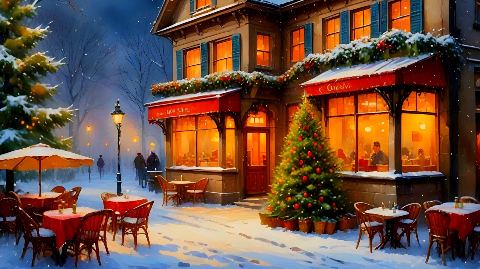 Impressionist Christmas Scene: Snowy Street Café