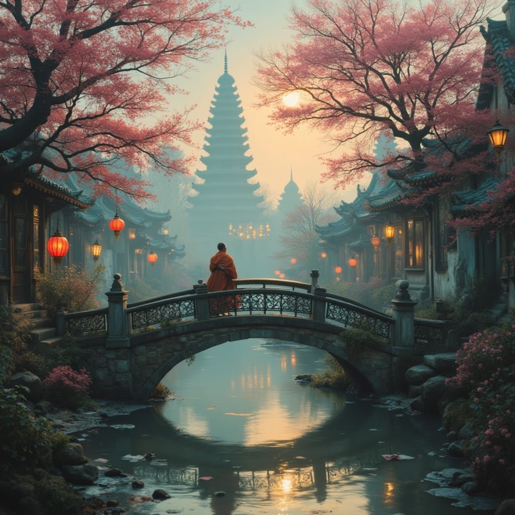 Monk Crossing Bridge at Evening with Lanterns