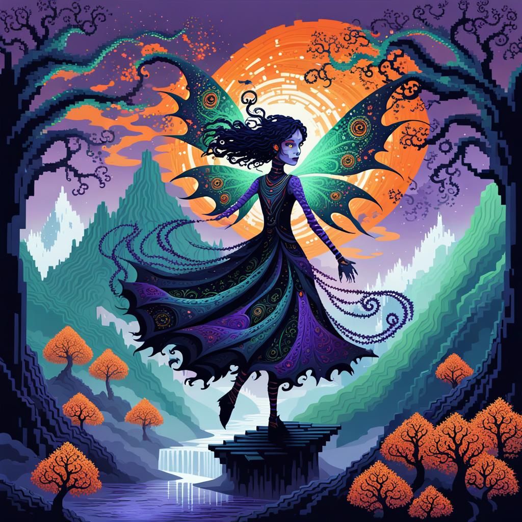 Gothic Fairy Dancing in Pixel Art Style