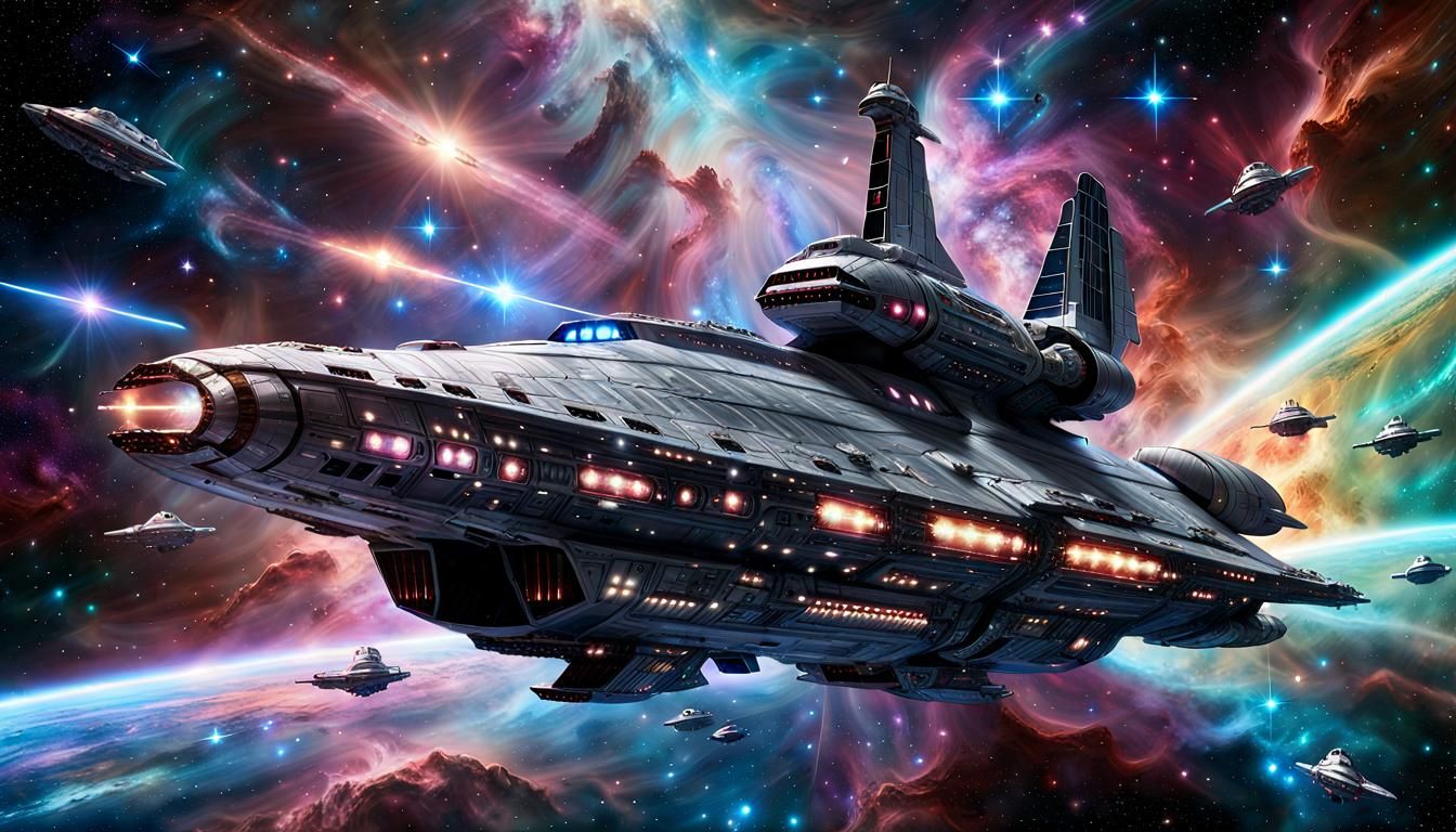 Fantasy Starship Fleet in Mystical Space Battle