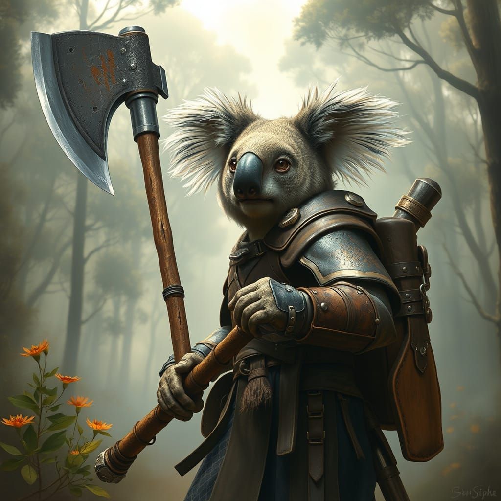 Armored Koala Warrior in Misty Eucalyptus Forest