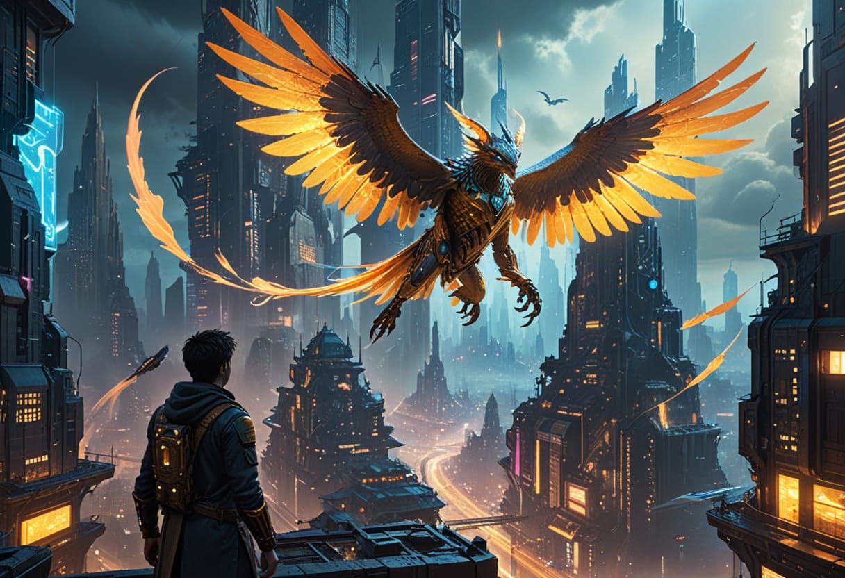 Ziz Summoning in Futuristic City: Fantasy Art