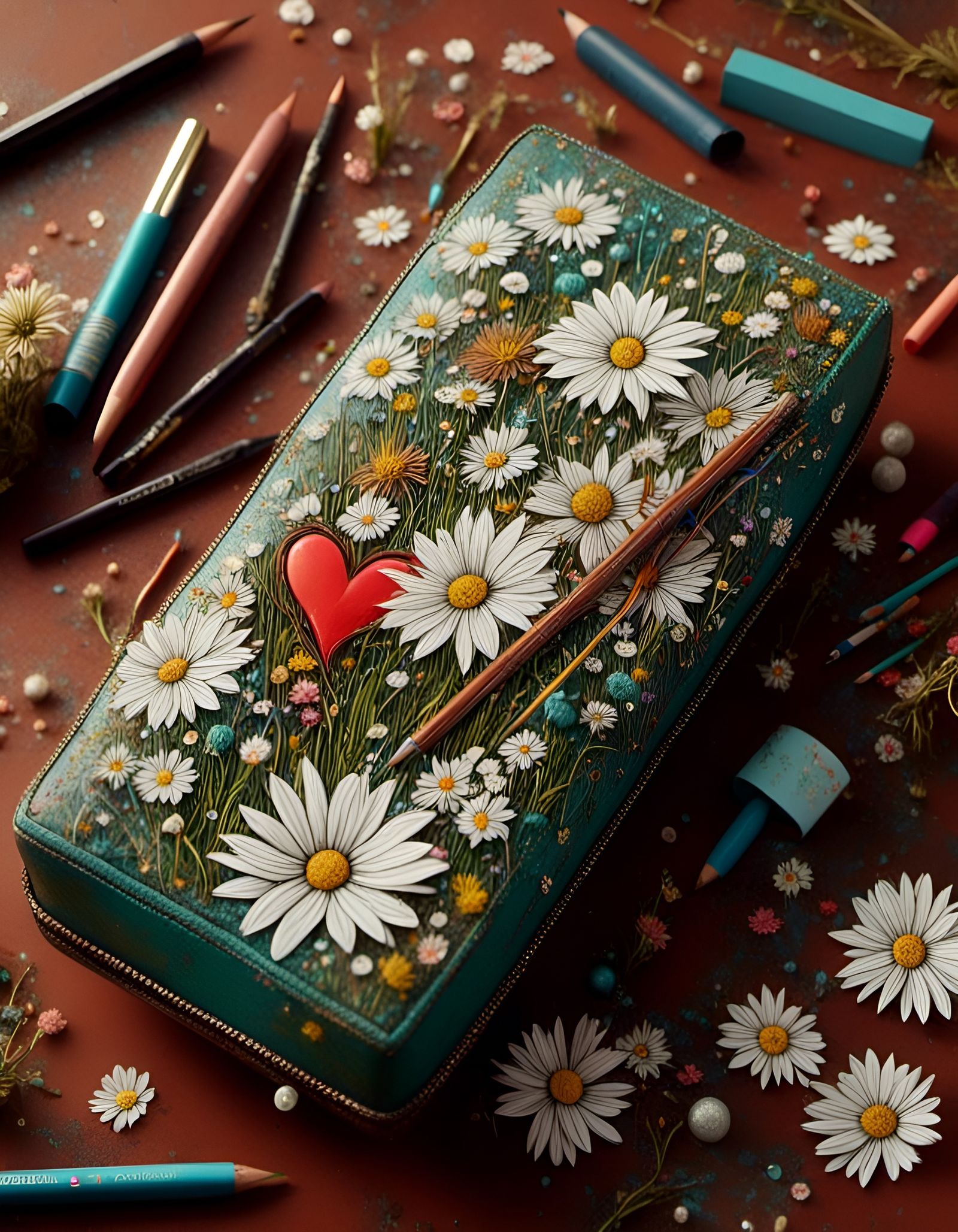Leather Pencil Case with Daisies in Winter