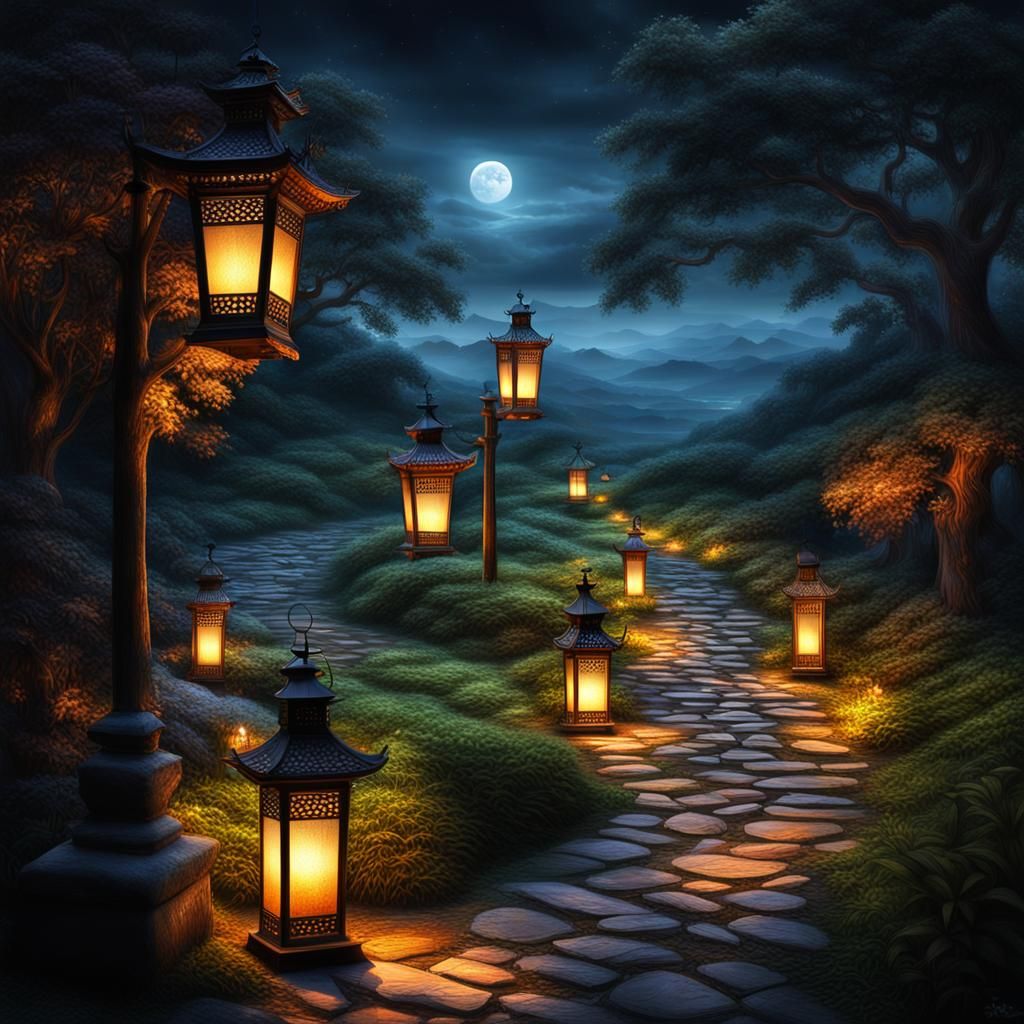 Tranquil Lantern-Lit Path in Hyperrealistic Landscape