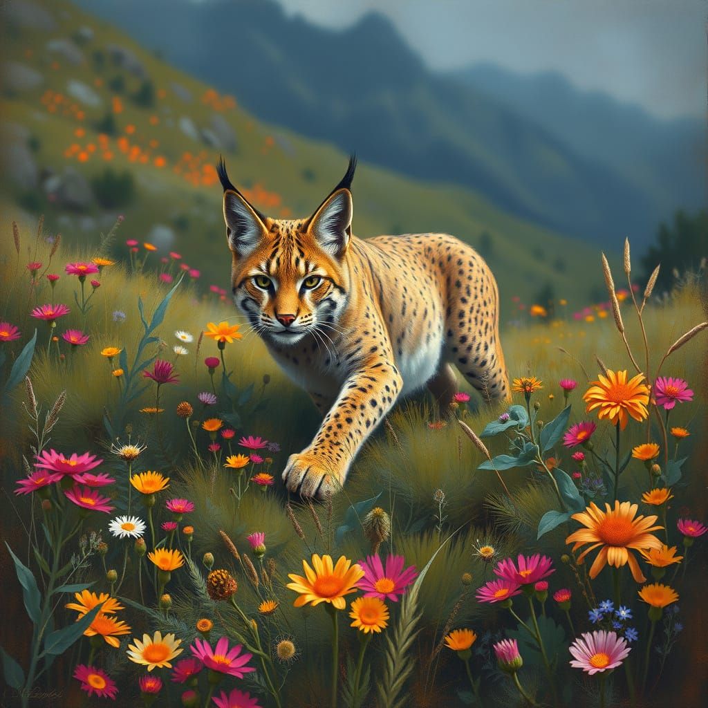 Bobcat Among Wildflowers in Impressionist Style