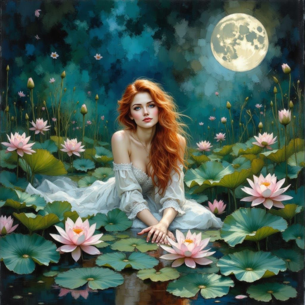 Red-Haired Woman in Dreamy Watercolor Pond Setting