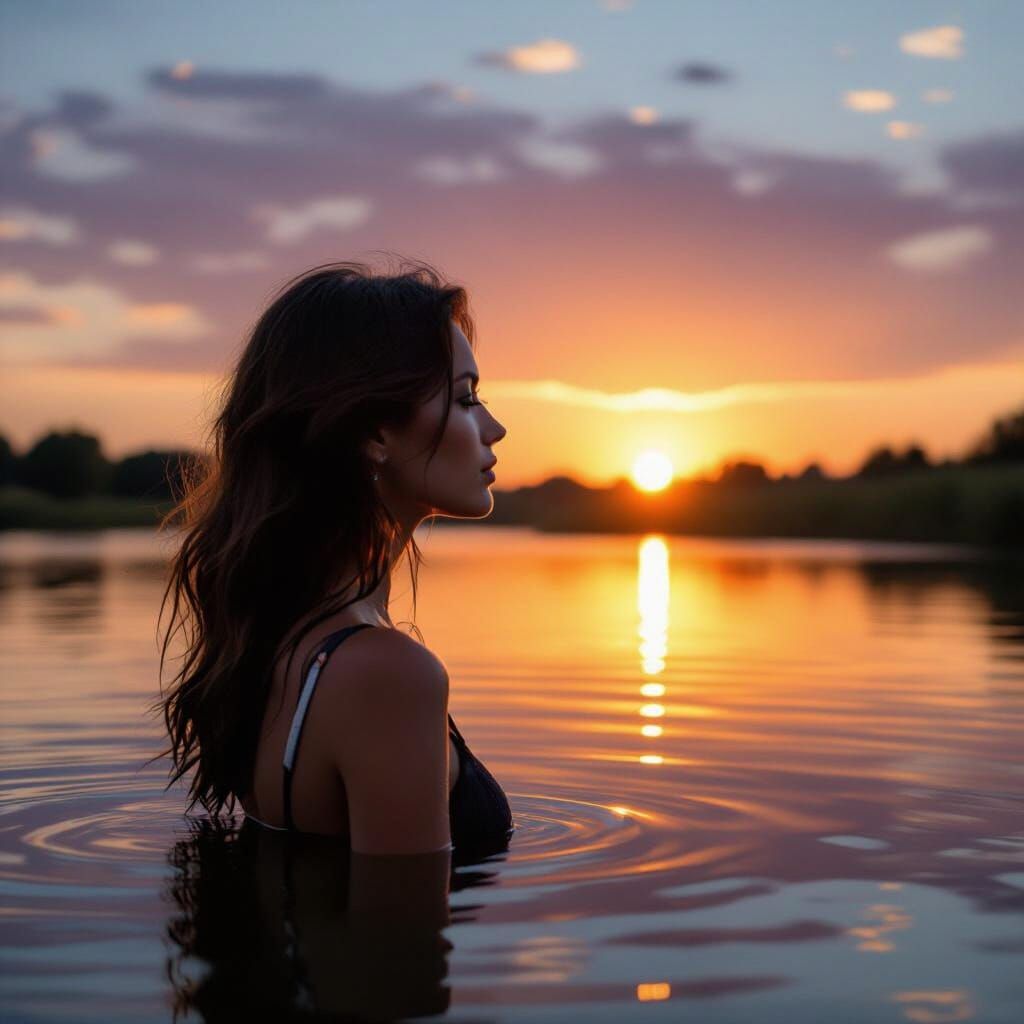 Impressionist Oil Painting of Woman Admiring Sunset Reflecti...