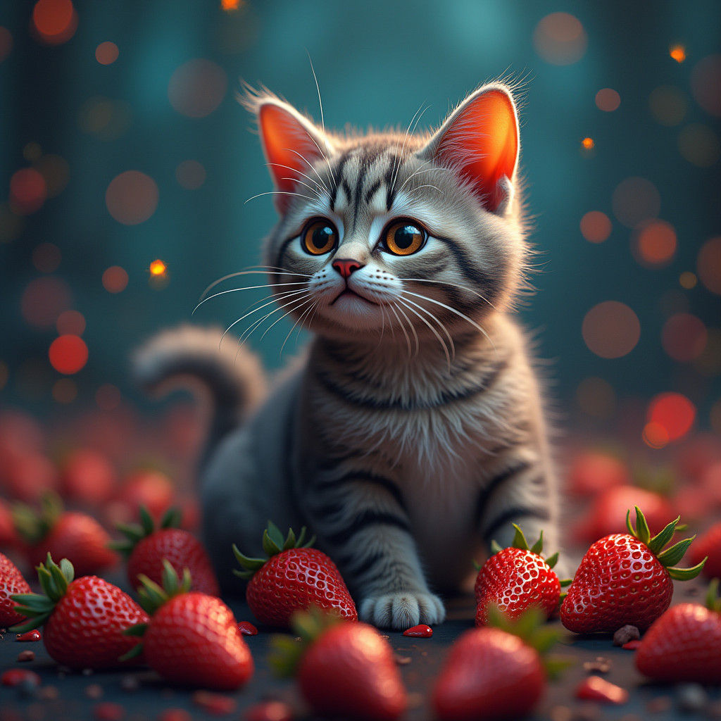 Surreal Cat in Strawberry Field, Dreamlike Fantasy Art