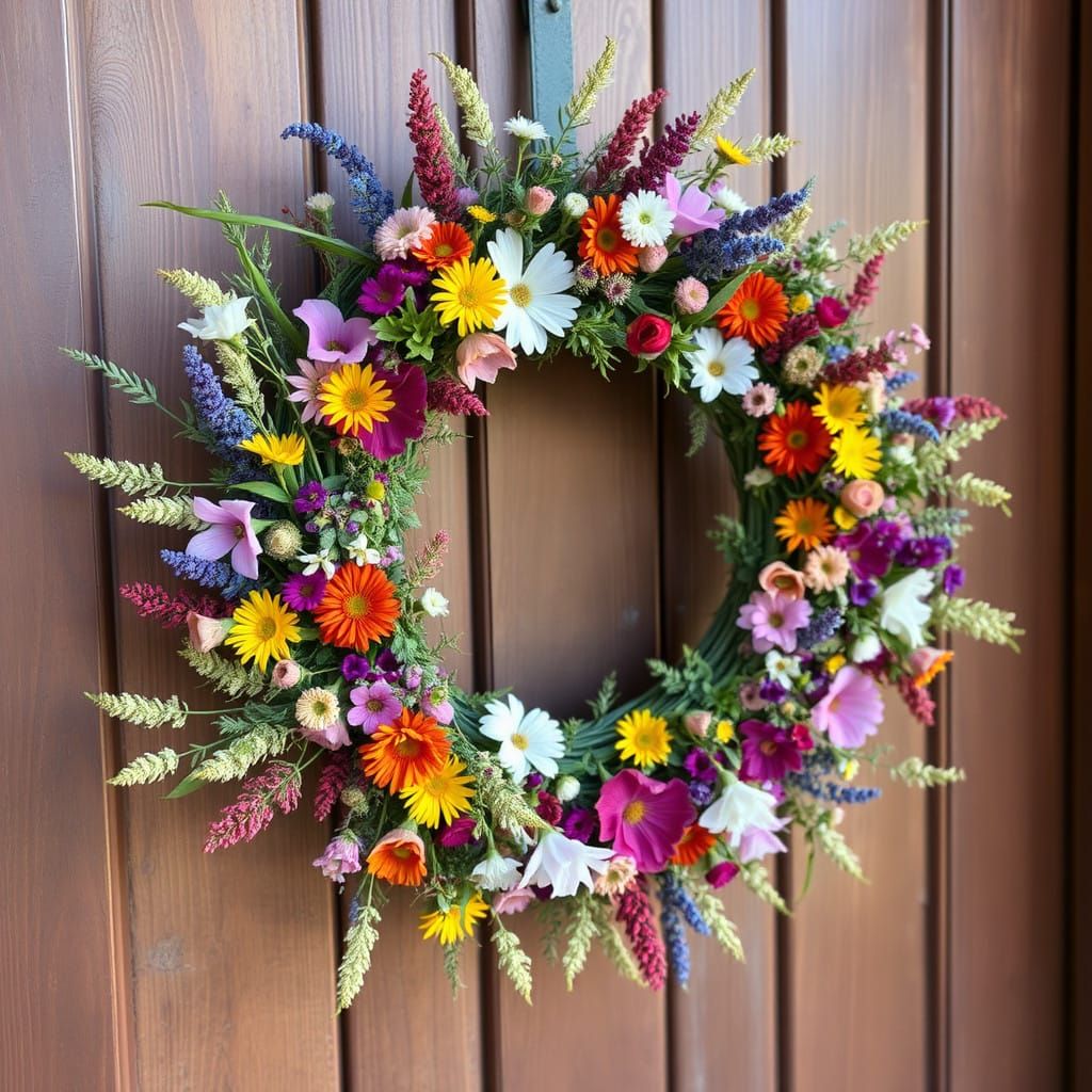 Vibrant Wildflower Wreath Adorns Rustic Door