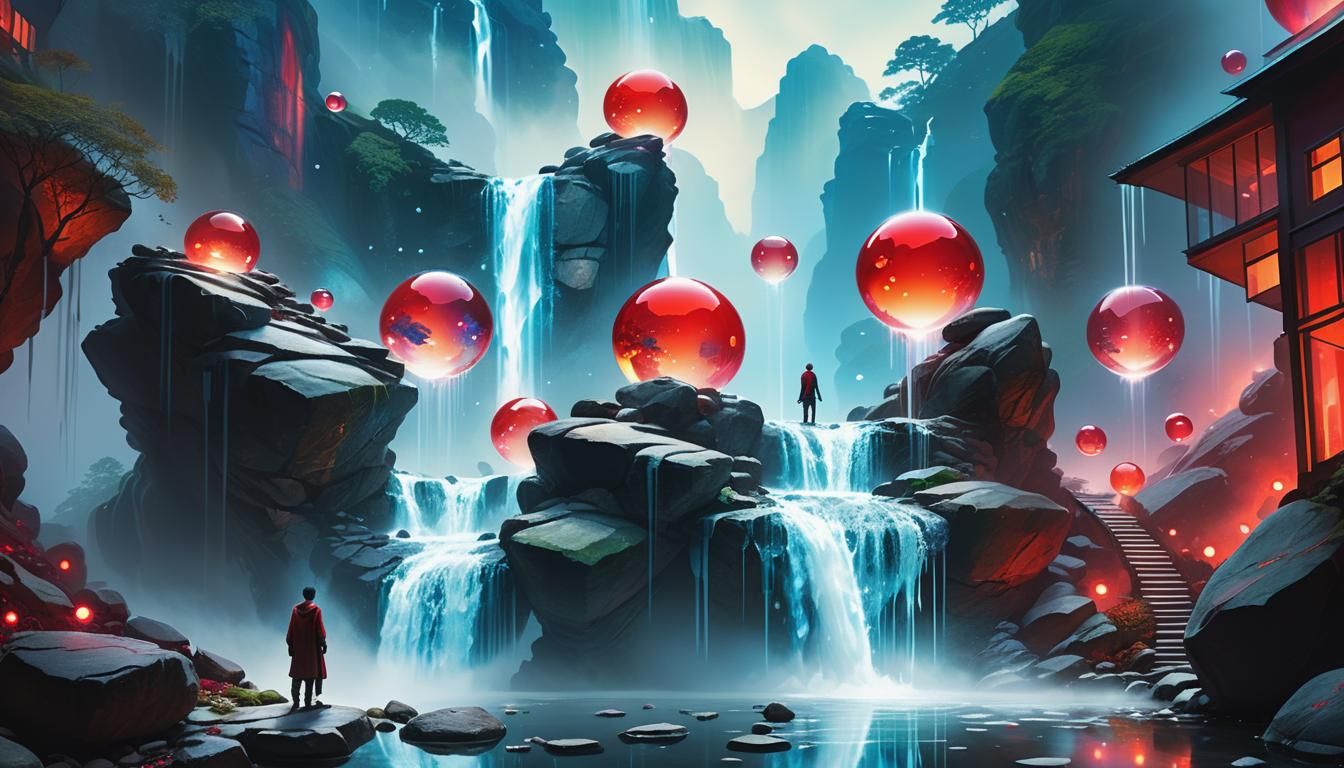 Ethereal Waterfall Scene with Glass Houses