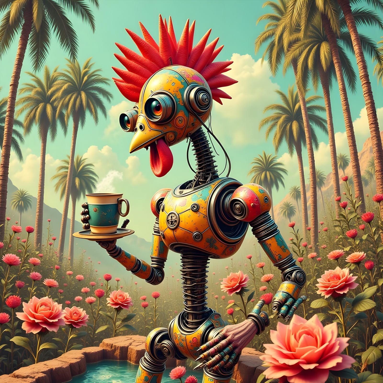 Psychedelic Robot Chicken Lizard in Double Exposure