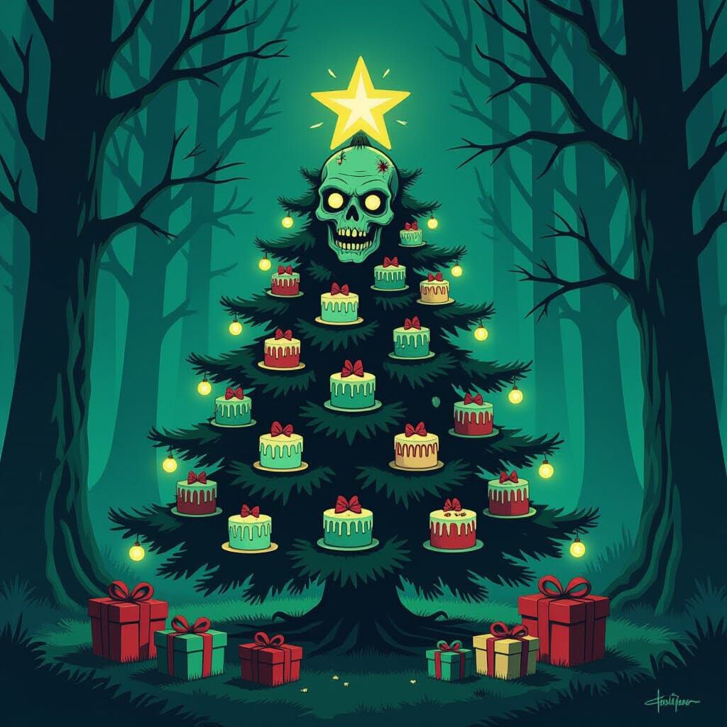 Gothic Christmas Tree With Zombie Star And Cake Ornaments