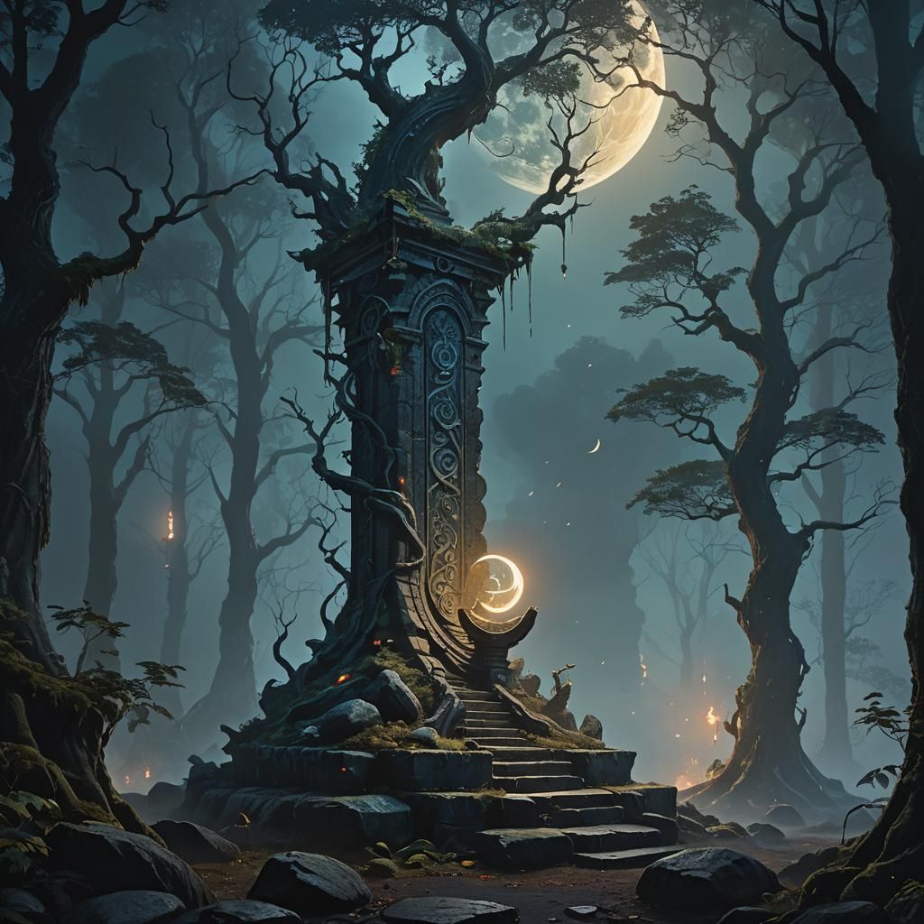 Druid's Moon Sickle in Dark Fantasy Forest