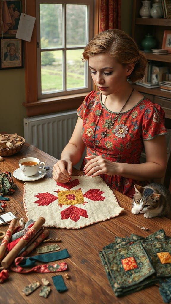 Tradwife Hand-Stitching Quilt in Hyperrealistic Style