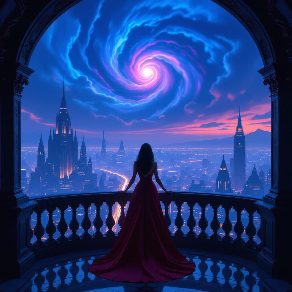 Woman on Ornate Balcony Overlooking Twilight Cityscape