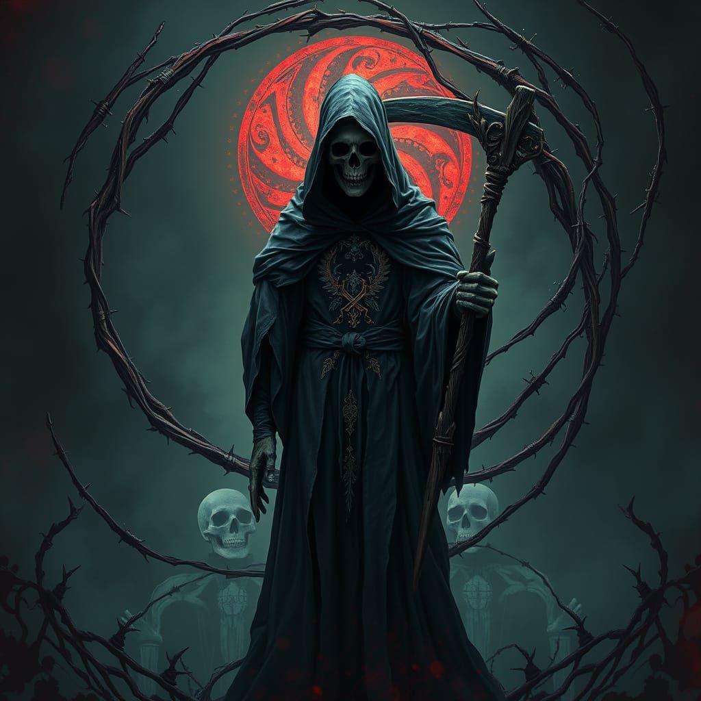 Gothic Reaper amidst Twisted Thorns and Barbed Wire