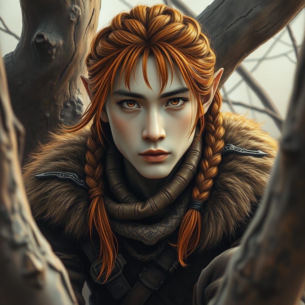 Medieval Asian Elf Ranger in Amber Ombre Braids, Hyperdetail...
