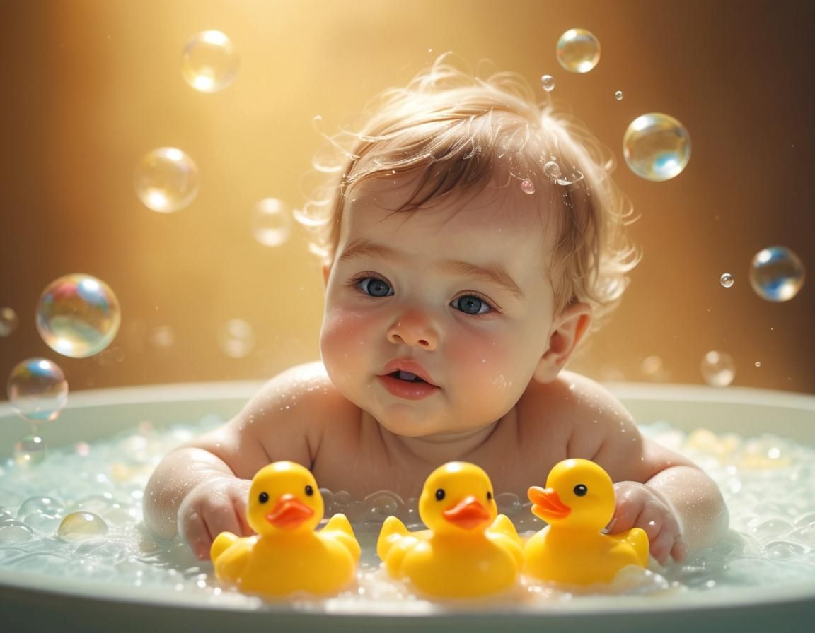 Pastel Baby Bathing with Duckies: Digital Art
