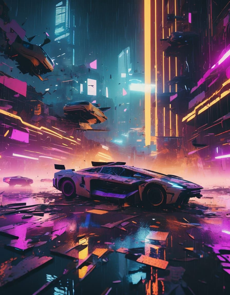 Shattered Smartphone Reflects Cyberpunk Cityscape