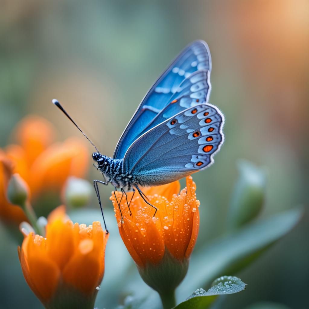 Blue Butterfly on Orange Flower: Macro Photography