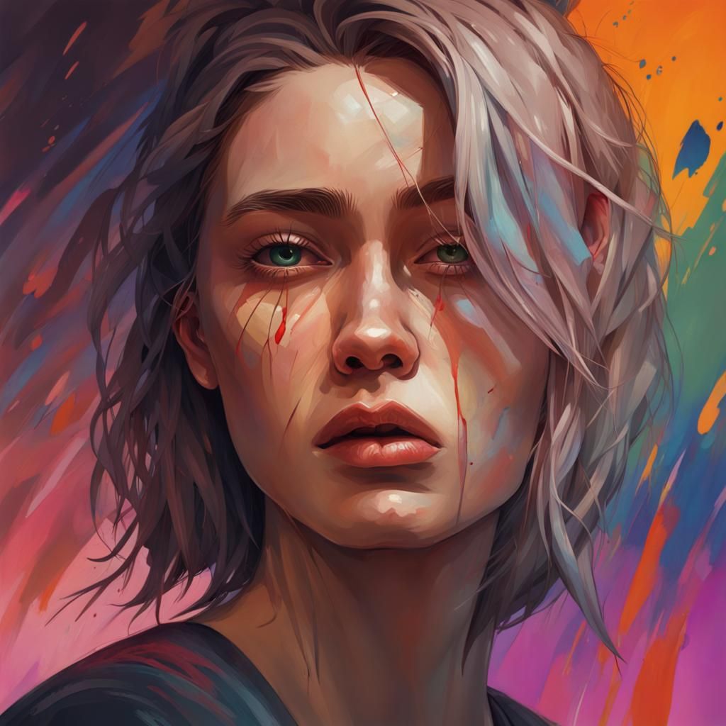 Sad Woman with Cuts in Hyperrealistic Splash Art