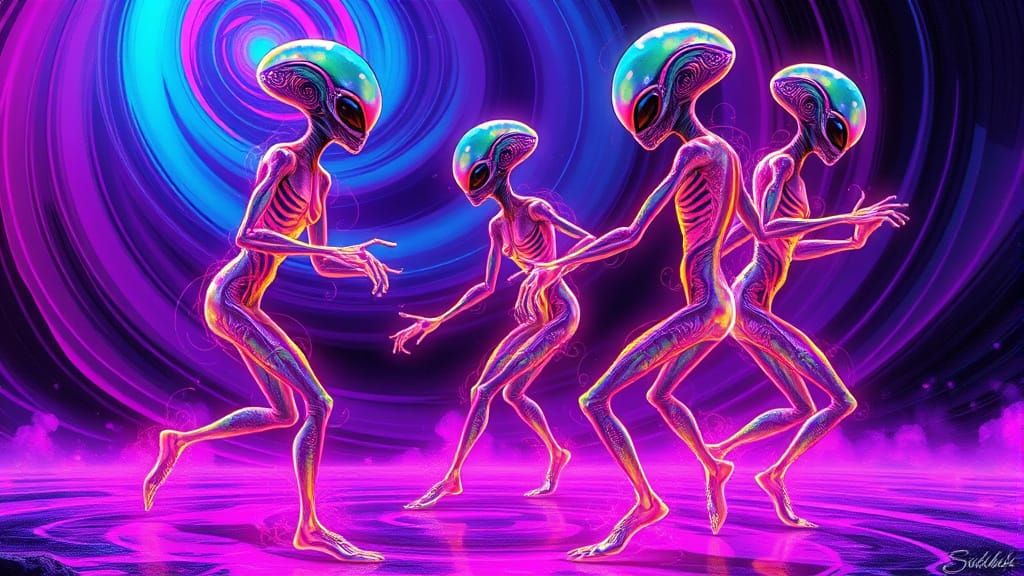 Alien Dance Party in Neon Dreamscape