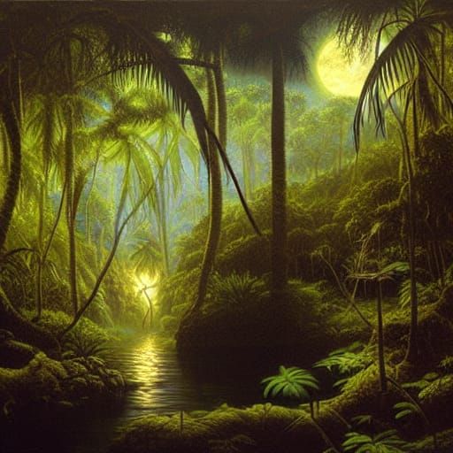 Eerie Moonlight Illuminates Jungle Lagoon: Oil Painting
