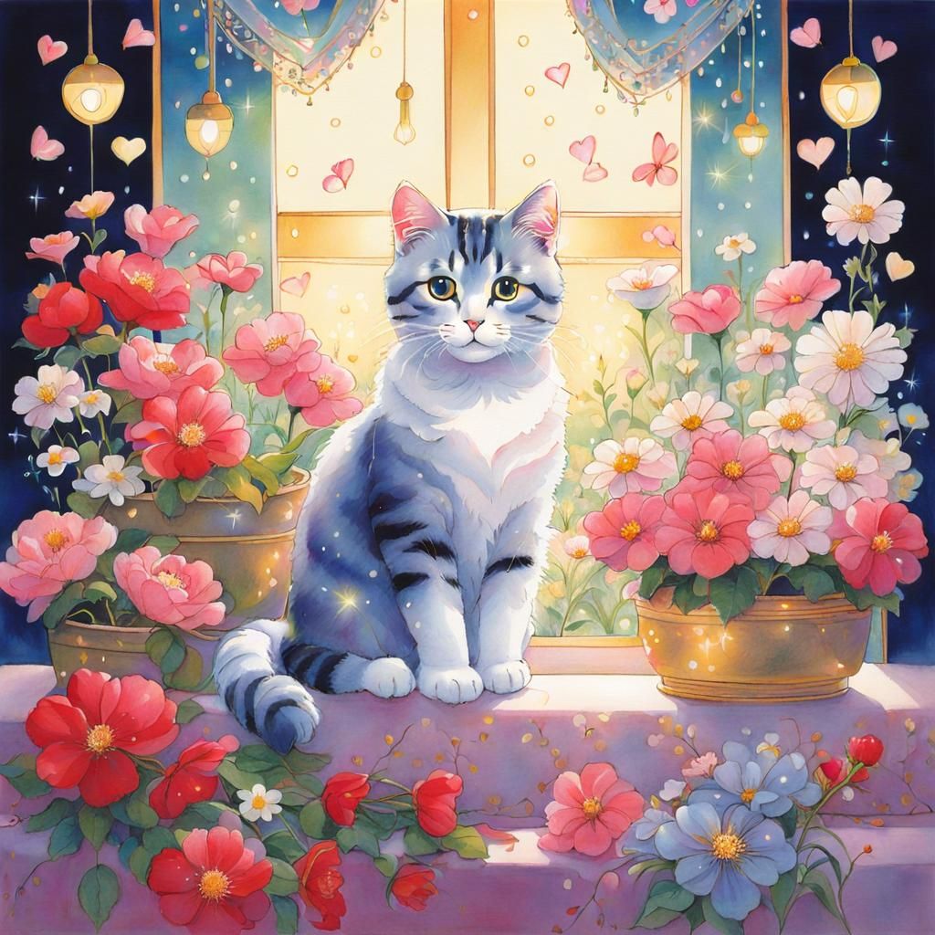 Cute Cat Surrounded by Flowers in Shojo Manga Style