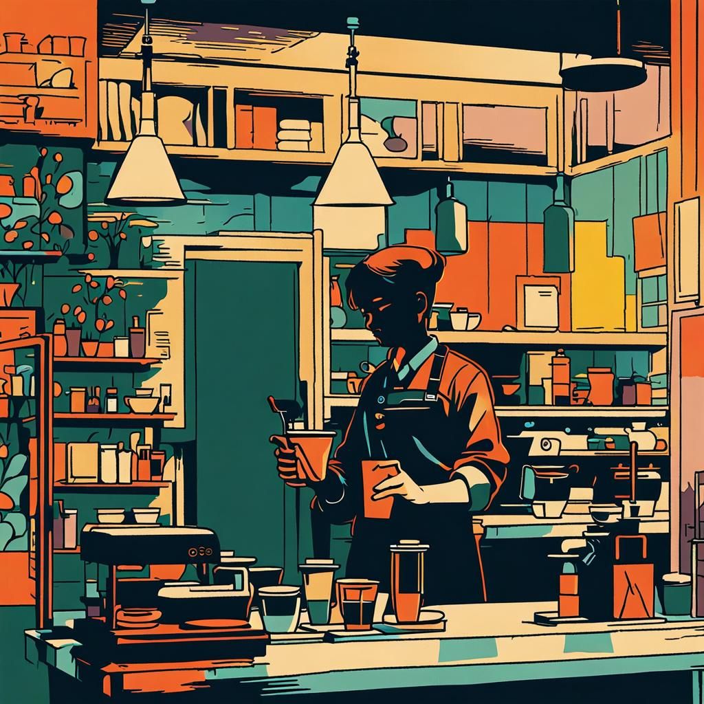 Modern Anime Cafe Scene with Barista