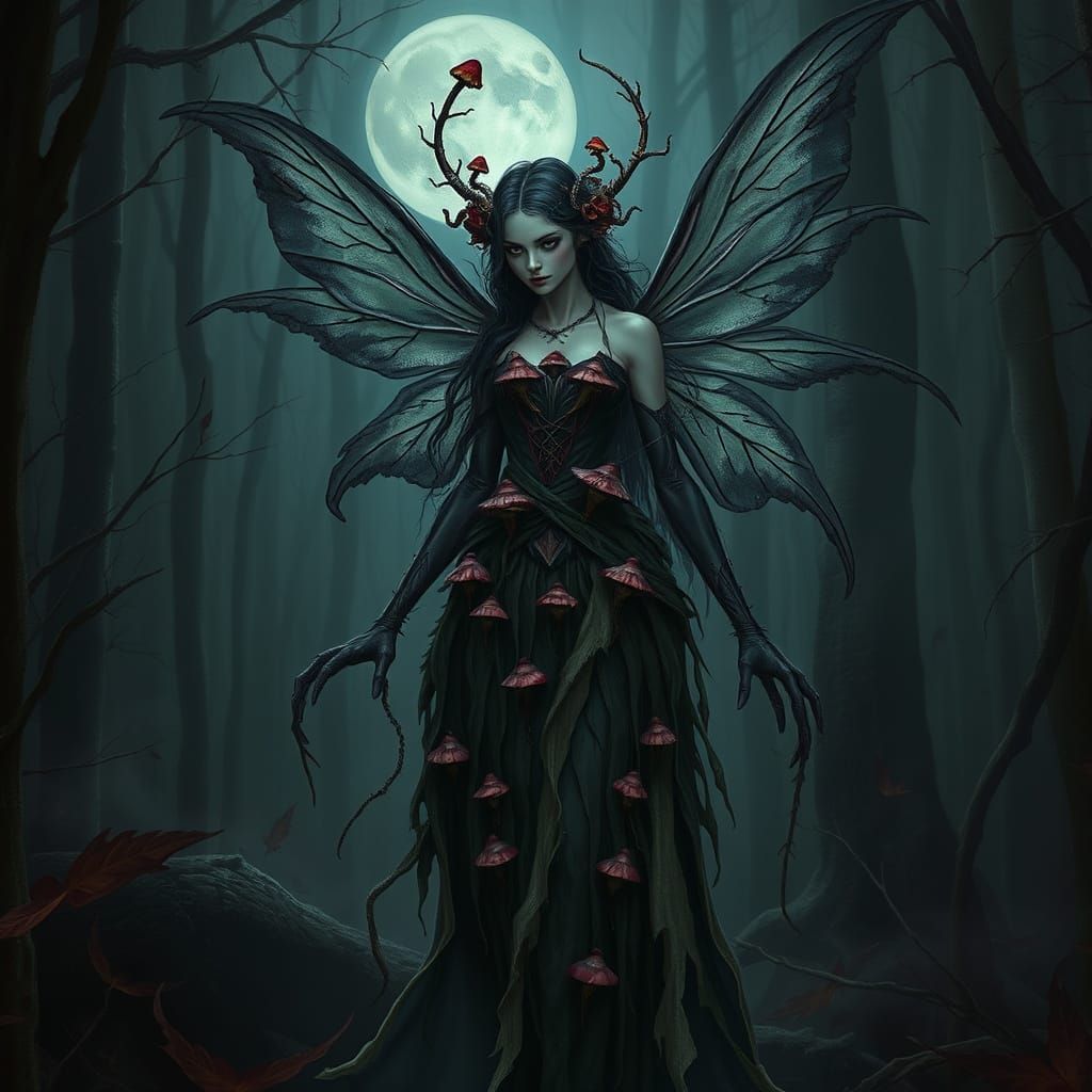 Dark Fairy Goddess in Mushroom Gown under Bloodmoon
