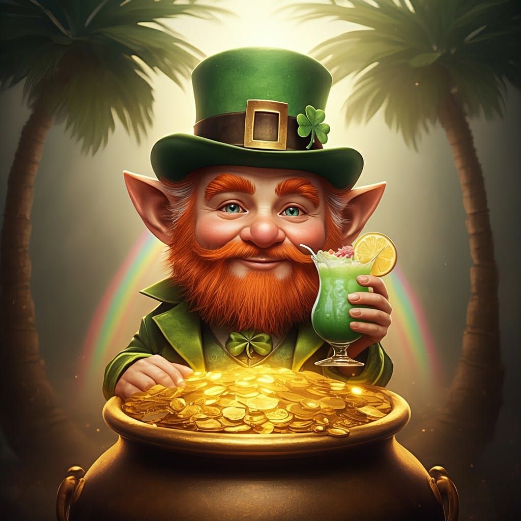 Leprechaun Sipping Mai Tai at Rainbow's End