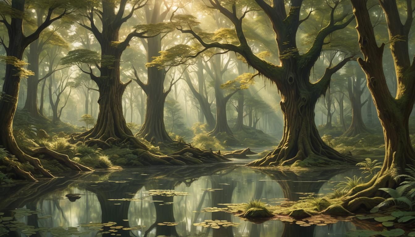 Magical Forest Scene with Mythical Creatures