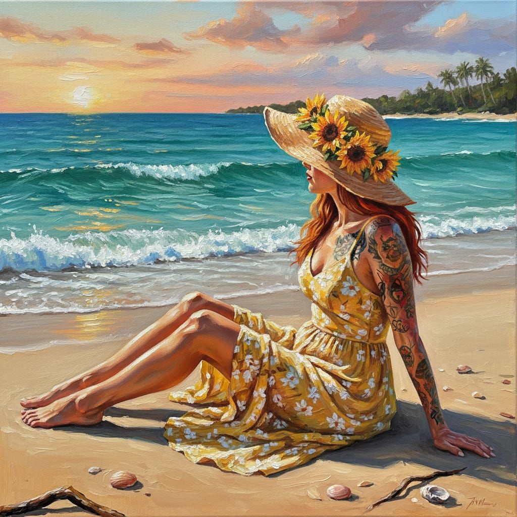 Redhead Woman in Sundress on Beach with Sunflower Hat