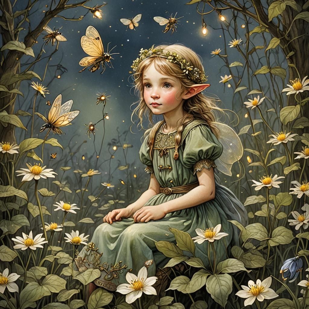 Flower Elf with Fireflies in Vintage Illustration Style