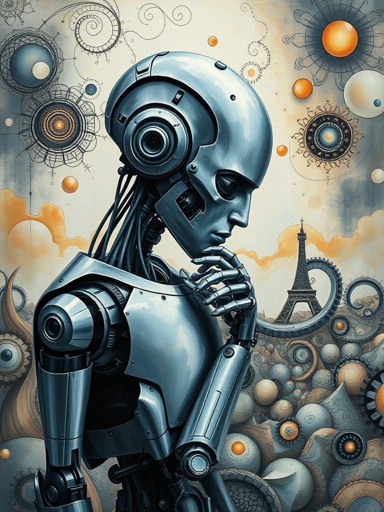 Ethereal Robot Lost in Thought Amidst Surrealist Landscape