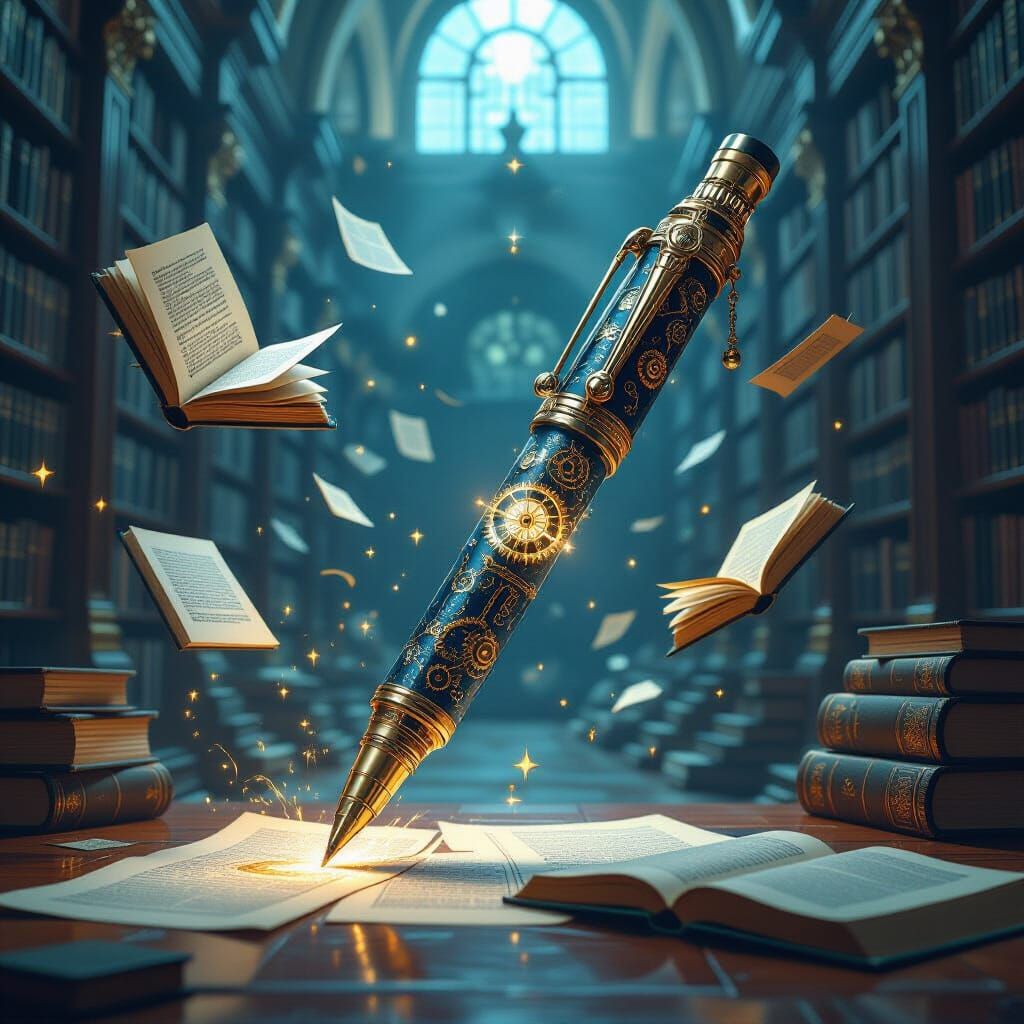 Mechanical Pencil in Ethereal Library, Impressionist Style