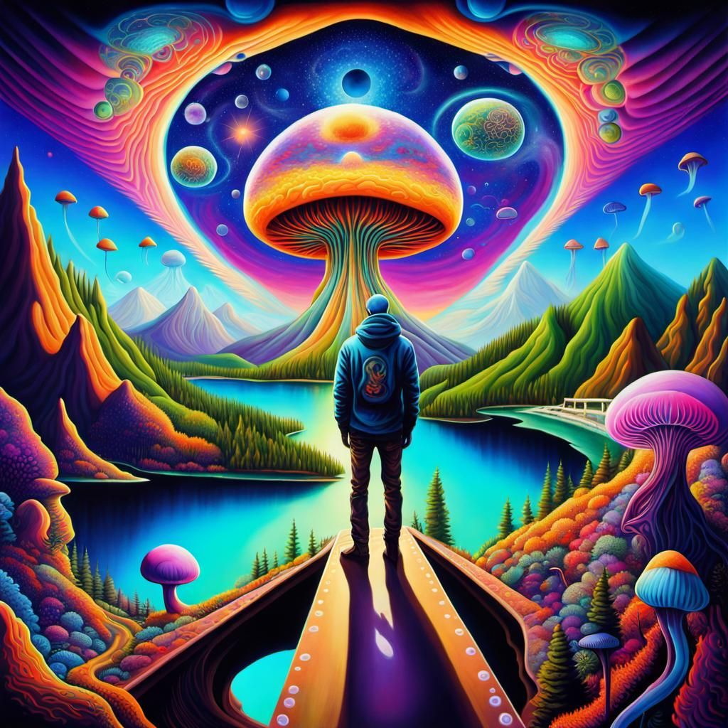 Psychedelic Alien Landscape with Man and Flying Jellyfish