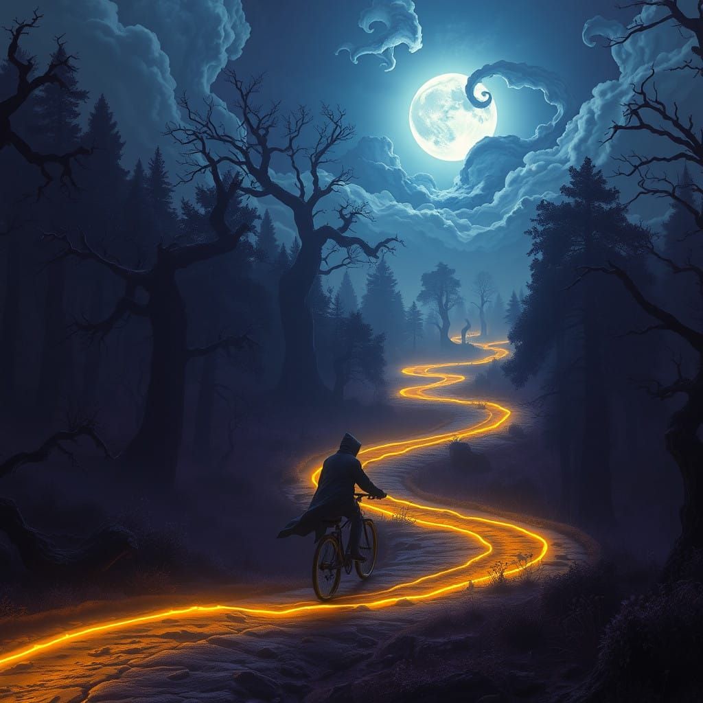 Mystical Bicycle Path Unfolds Through Moonlit Forest