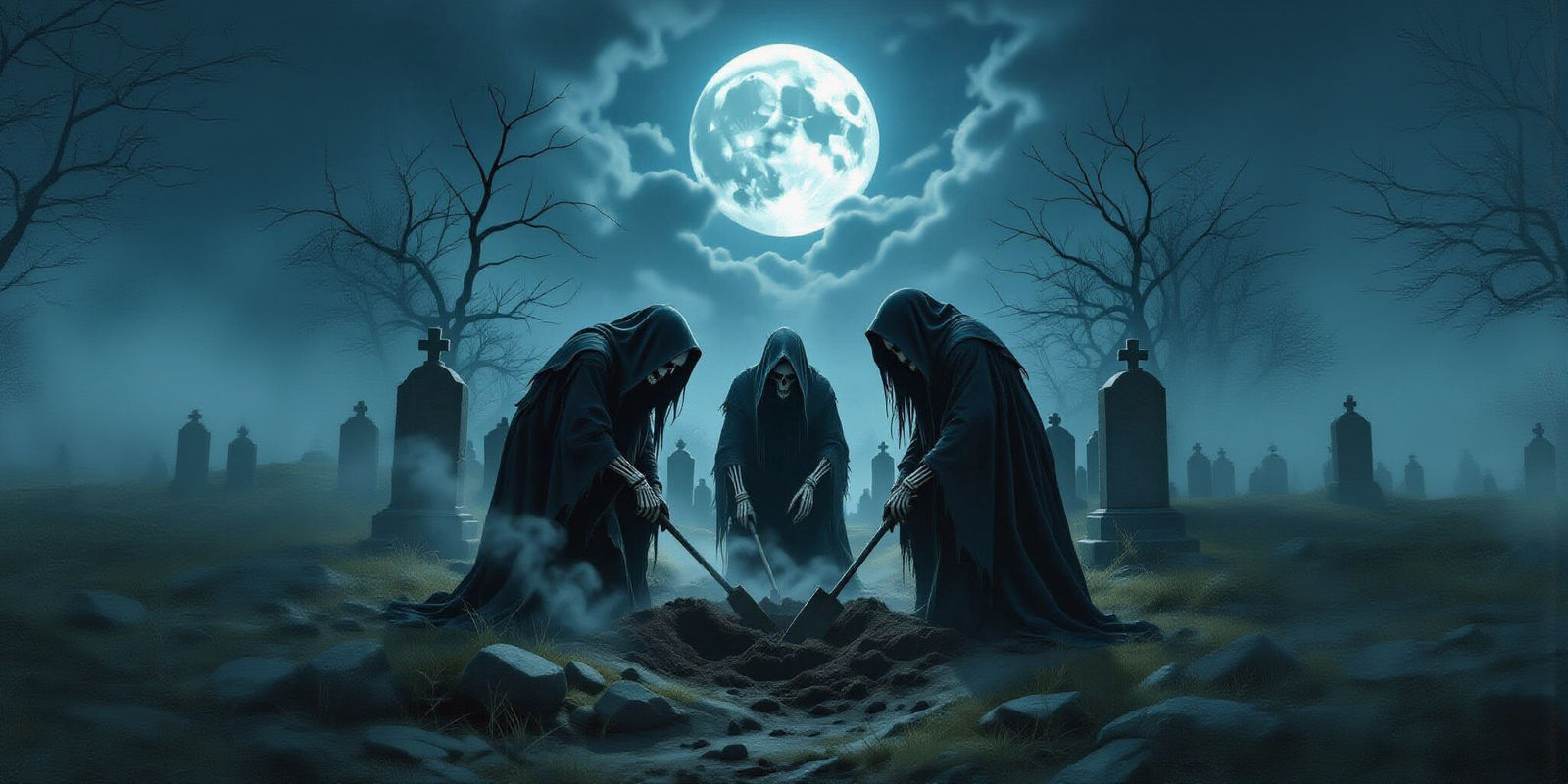 Three Grim Reapers Digging a Grave in a Cemetery