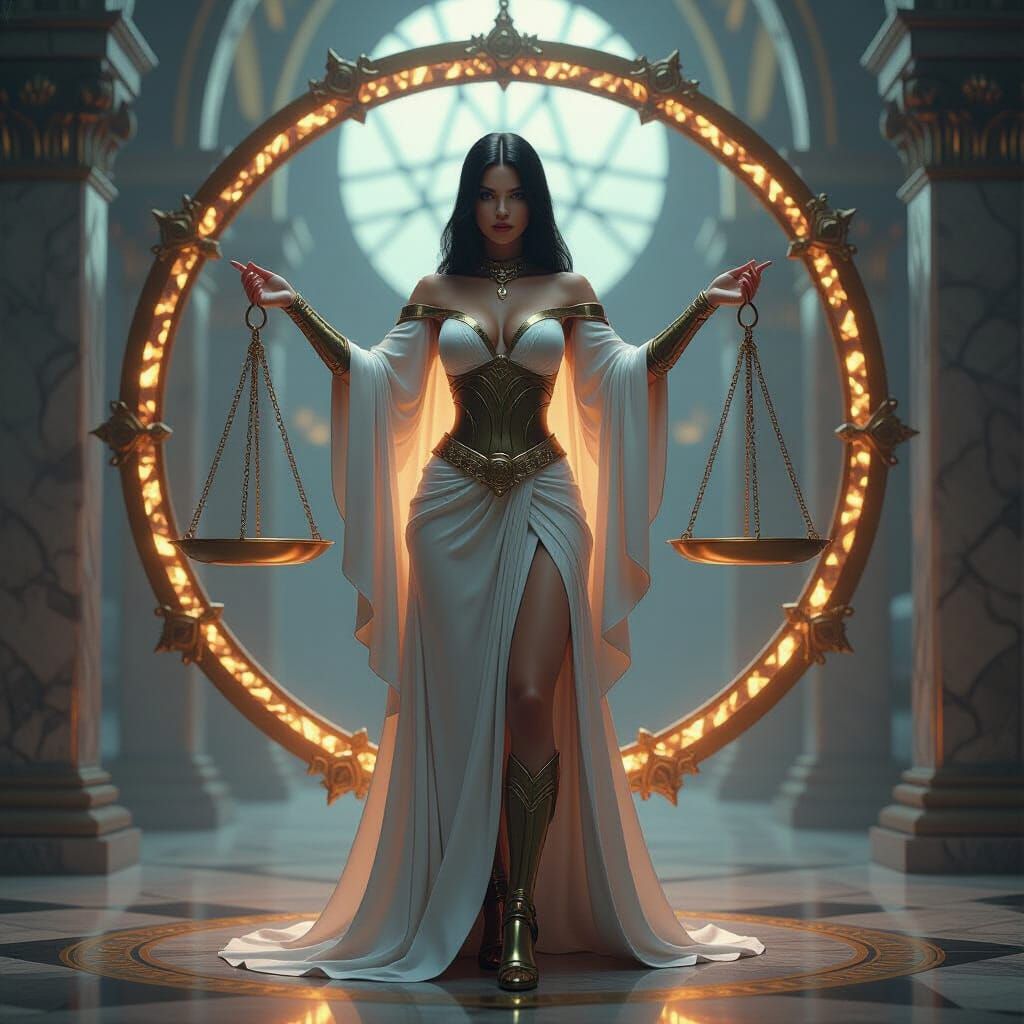 Libra Surrounded by Geometric Scales in Fantasy Realism