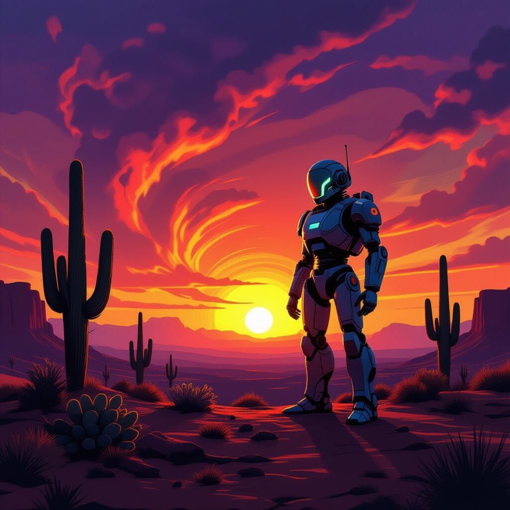 Robot on Alien Mesa at Sunset - Western Sci-Fi Concept Art