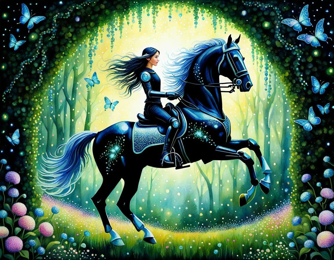 Robot on Friesian Horse Enters Fairy World