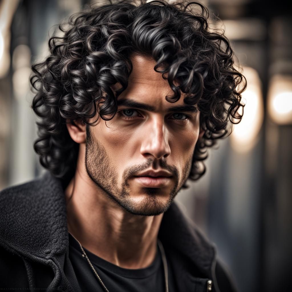 Handsome Man with Black Curls, Hyperrealistic Portrait