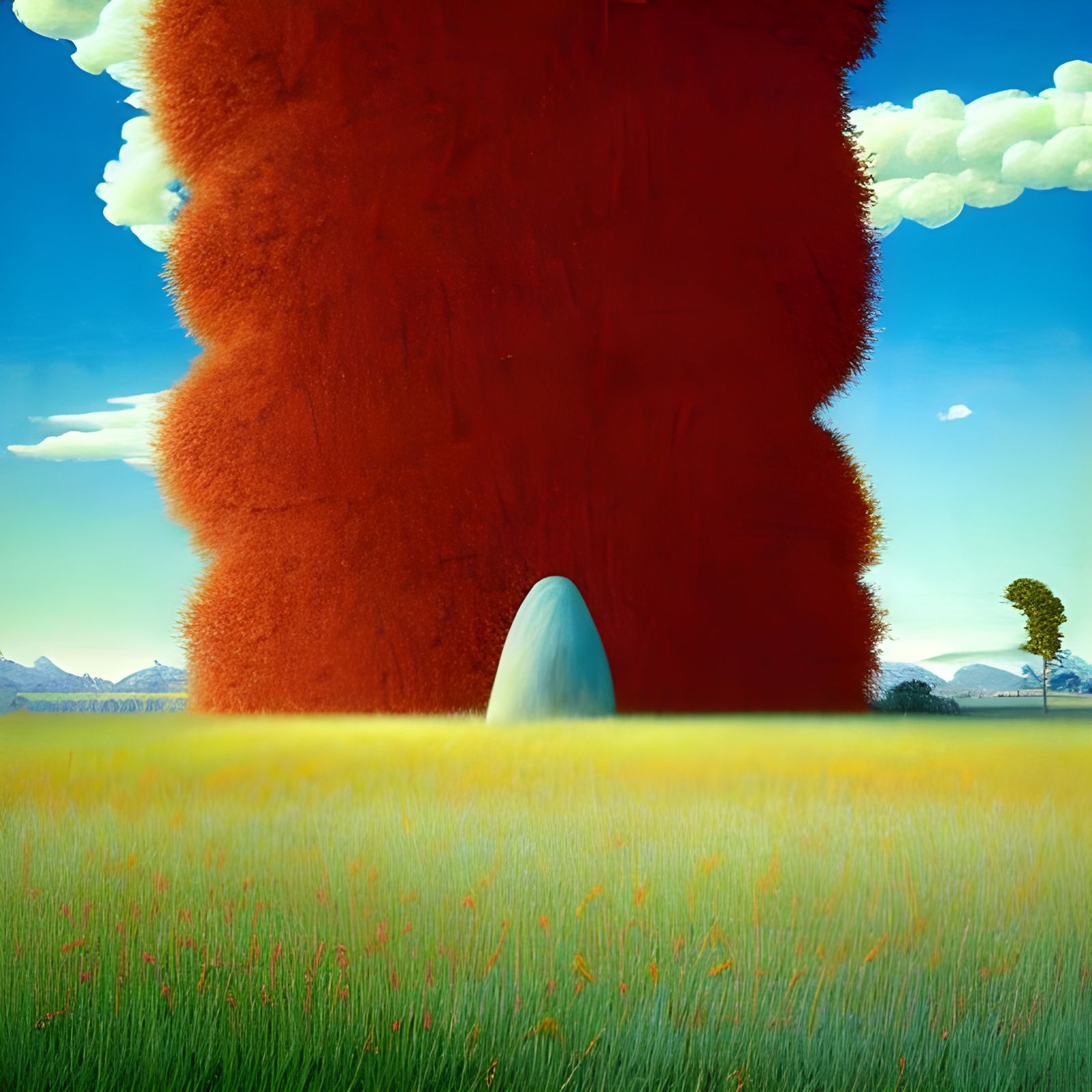 Surreal Landscape with Clouds and Red Rock Monolith