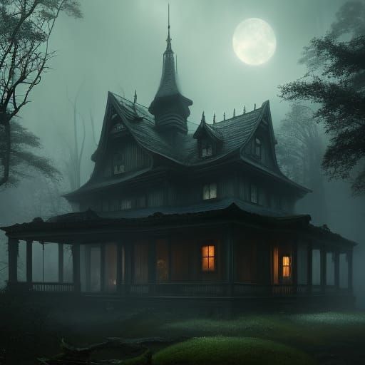 Haunted Cottage in Misty Forest: Detailed Matte Painting