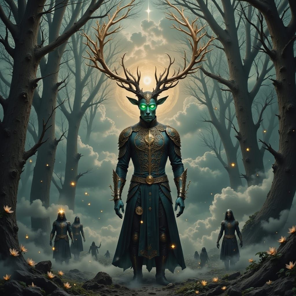 Stag-Headed Man in Ethereal Dark Fantasy Forest