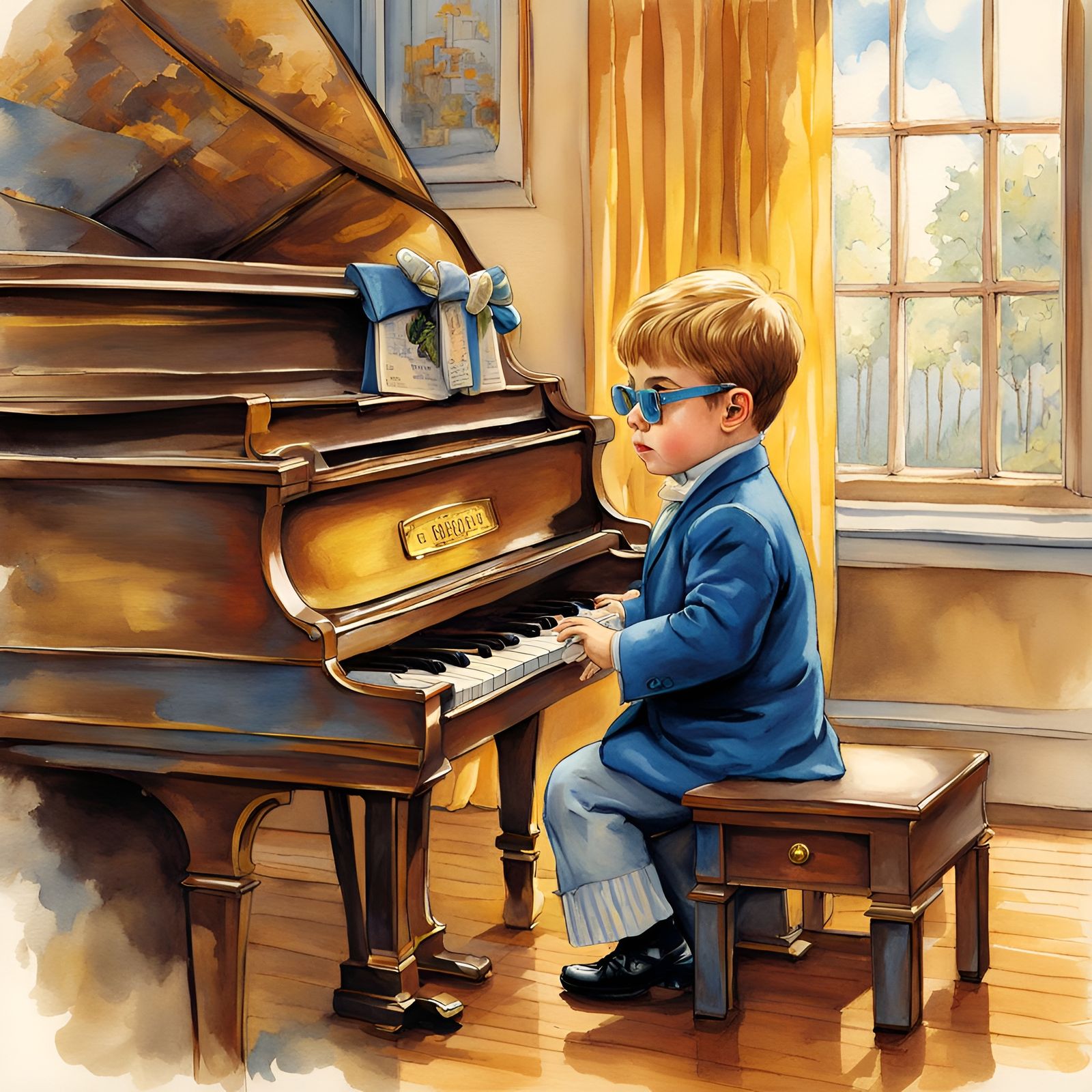 Young Elton John at Piano: Storybook Watercolor