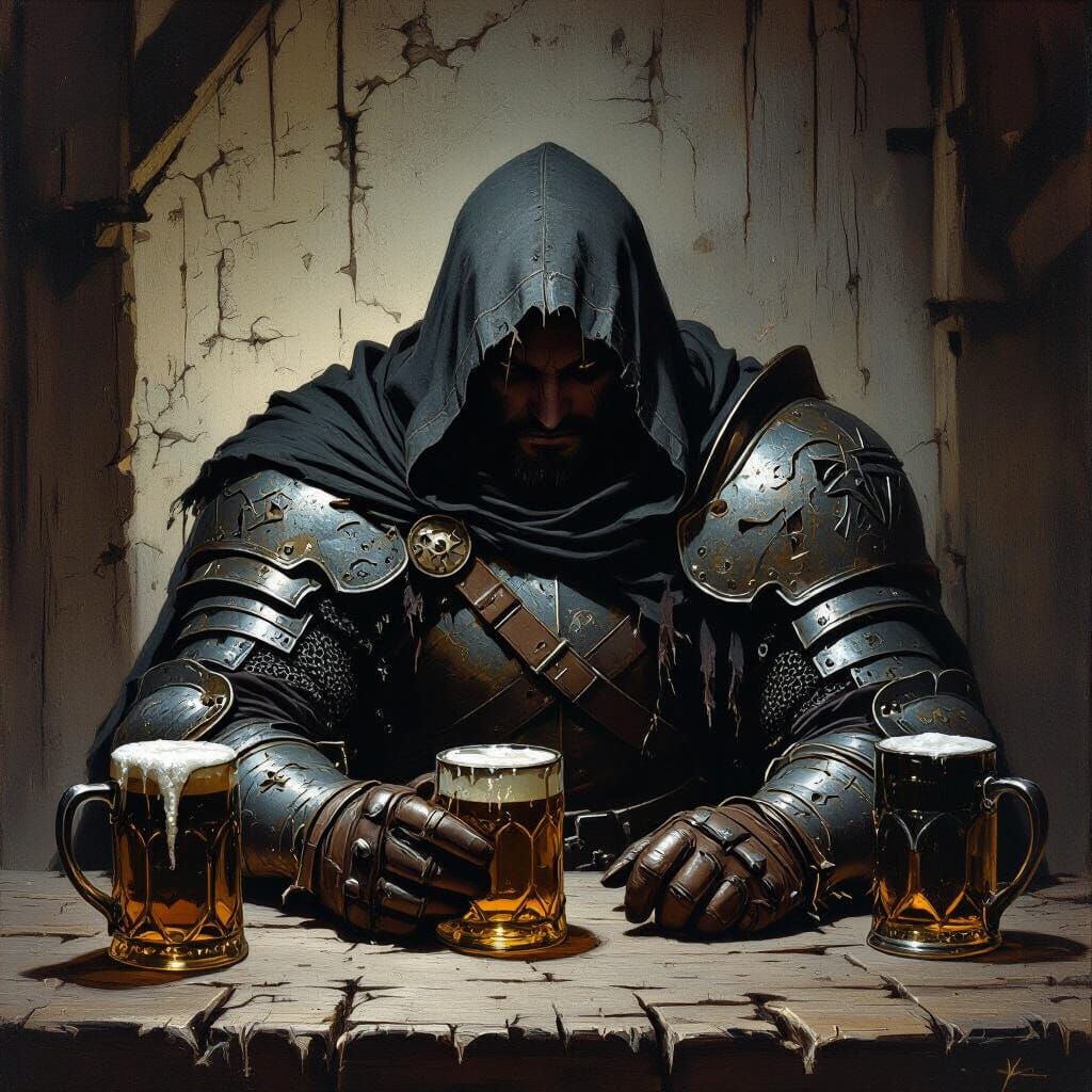 Knight in Shadowlit Tavern, Dark Fantasy Art