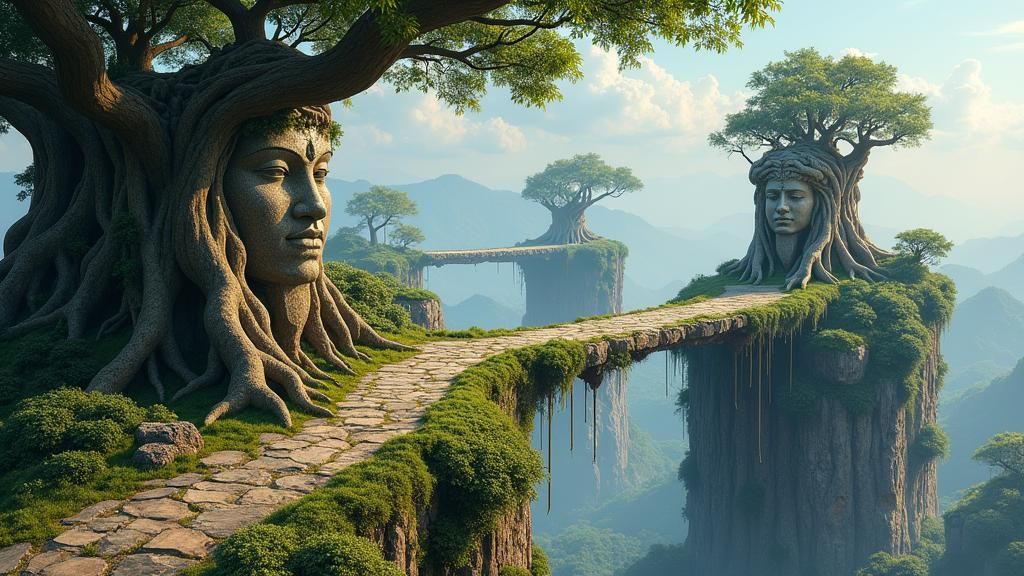 Floating City: Giant Statues and Tree Root Bridges